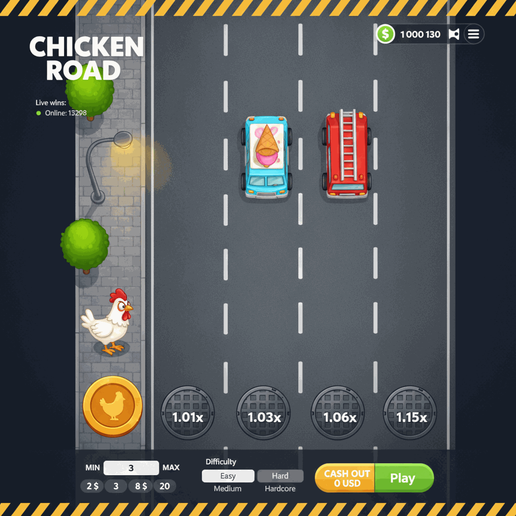 Schermata di gioco Chicken Road con una gallina bianca che attraversa corsie stradali multiple con moltiplicatori crescenti, auto in arrivo e controlli di scommessa, gioco crash di InOut Games
